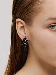 1 对奢华羽毛形黑色耳钉，适合女士，适合返校季，方晶锆石，礼物，日常佩戴，铜饰品