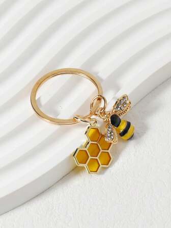 1/5pcs Rhinestone Bee + Honeycomb Keychain, Cute Animal Pendant, Versatile Oil Drop Adorable Keyring, Student Gift Bag Lanyards With Id Holder Car Accessories Bag Charms Christmas Car Accessories Teacher Friend Sister Gift Ideas