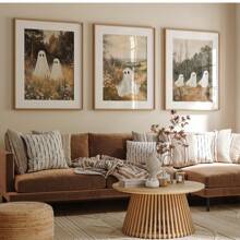 3 件套墙面艺术海报（可选框架）鬼魂墙面艺术，秋季恐怖万圣节 3 件套印刷品，秋季乡村风景画，鬼魂万圣节装饰，可打印