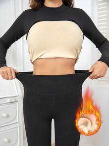 2pcs Women's Autumn/Winter Set, Thermal Lined Solid Color Stretchy Comfortable Long Sleeve Top And Pants - màu đen - Xem 3