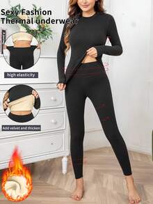 2pcs Women's Autumn/Winter Set, Thermal Lined Solid Color Stretchy Comfortable Long Sleeve Top And Pants - màu đen - Xem 2