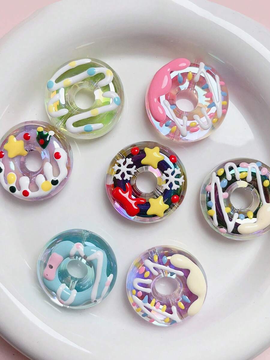 6 Stücke zufällige neue, handbemalte bunte Donut Perlen aus Acryl, DIY Handwerk für Schmuckherstellung, Handy Charm, Schlüsselanhänger, Stift Dekoration Accessoires - Zufällige Stile - Übersicht 1