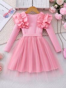 Toddler Girls' Long Sleeve Round Neck Frill Trim Ribbed Contrast Mesh Dress, Sweet & Cute, Versatile For Autumn/Winter - Pink - View 2