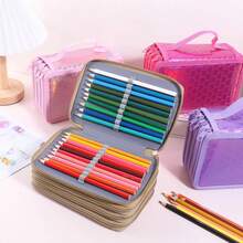 Estuche de lápices de cuatro capas con corazón brillante, bolsa de almacenamiento de papelería portátil y exquisita, estuche esencial para dibujar arte en la escuela - Negro - Ver 4