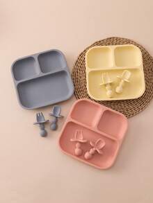 PopLittleOne 3PCS Baby Silicone Tableware Set Suction Square Plate Mini Spoon Fork Solid Color Dinner Set Children Unteils Soft Plate For Boy Girl - Multicolor - View 5