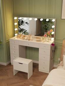 VOWNER 46" Makeup Vanity Desk With Whole Lighted Mirror & Power Outlet, Modern Vanity Table With 11 Storage Drawers & Soft Stool, 14-Bulbs Large Mirror, 3-Color Lighting & Brightness Adjustable, Bedroom Vanity Set Gifts For Girls Women, Christmas - 查看 5