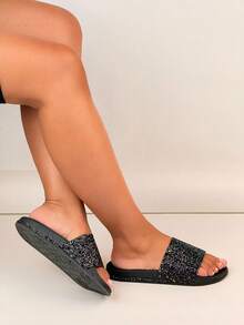 Women's Sequin Embellished Thick Sole Casual Comfortable Non-Slip House Slippers, Summer - Black - View 3