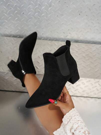 1 par de botas femininas de bico fino e cano curto, cor sólida, elegante, boêmia, moda retrô, festa ao ar livre, zíper lateral, bico fino, salto alto, botas femininas, salto grosso, botas curtas da moda, festa ao ar livre, outono/inverno, botas chelsea clássicas