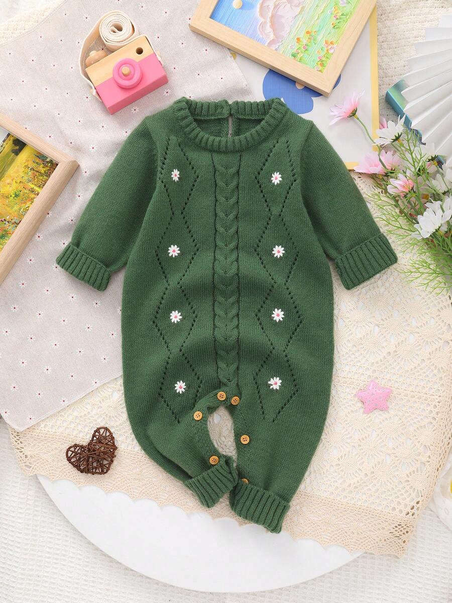 Baby Mädchen Lässig Langarm Gestrickter Jumpsuit mit Stickerei, Herbst/Winter