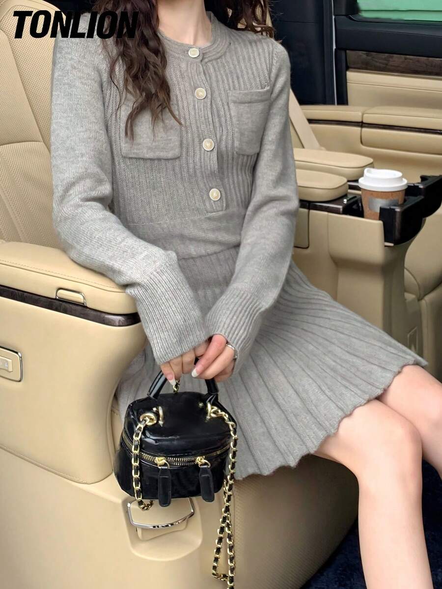 Tonlion 女式纯色圆领长袖褶边优雅修身针织连衣裙，秋冬 - 淺灰色 - 查看 1