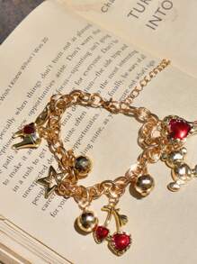 Renaissance Vintage Teddy Bear Charm Bracelet Y2K Cherry Charm Bracelet Party Music Festival Disco Ball Charm Bracelet Red Heart Charm Bracelet Valentines,Mom,Mother,Mother's Day,Gift