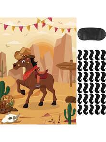 1 Set "Pin The Tail On The Horse" Game, Includes 30 Reusable Tails, 1 Large Western Cowboy Horse Game Poster, Suitable For Cowboy Parties, Western Birthday Parties, Carnival Events - Multicolor - View 1