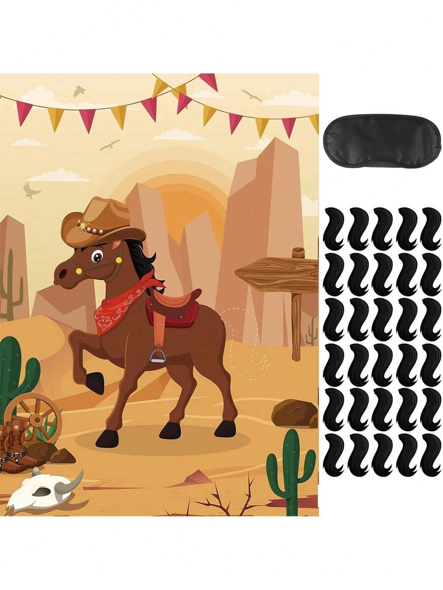 1 Set "Pin The Tail On The Horse" Game, Includes 30 Reusable Tails, 1 Large Western Cowboy Horse Game Poster, Suitable For Cowboy Parties, Western Birthday Parties, Carnival Events - Multicolor - View 1