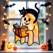 1PC Cute Reading Ghost And Black Cat Acrylic Ornament, Halloween Stained Acrylic , Cute Spooky Ghost, Black Cat Window Hanging, Fall Bookish Decor - A - View 7
