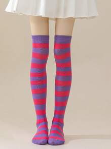 1 Pair Women Over Knee Socks, Cosplay Anime Character Uniform, Japanese Style Striped & Solid Thigh-High Stockings