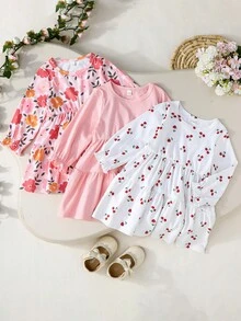 Nuevo conjunto de 3 piezas para otoño/invierno 2025: Vestido de manga larga con volantes en el bajo, estampado floral, a rayas y de cerezas - Multicolor - Ver 2