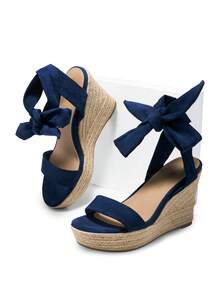Womens Open Toe Espadrilles Wedges Tie Lace Up Cute Ankle Strap Platform Sandals Dressy Shoes - Màu xanh hải quân - Xem 9