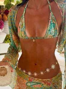 Bohemian Style Chiffon Printed Romantic Sexy Beachwear 4-Piece Set: Swimsuit, Cover-Up, Skirt