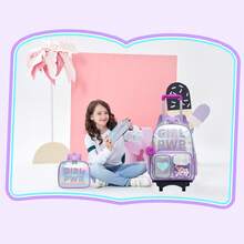 3PCS Rolling Backpack Set For Girls School Backpack With Lunch Box For Elementary Student Wheels Roller Trolley Luggage Detachable Pull Rod Backpack