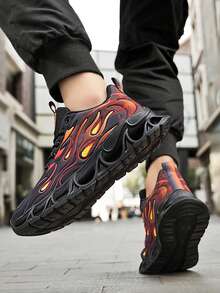 男士透气网眼休闲火焰图案运动鞋，软底轻便青少年运动跑步鞋，红色