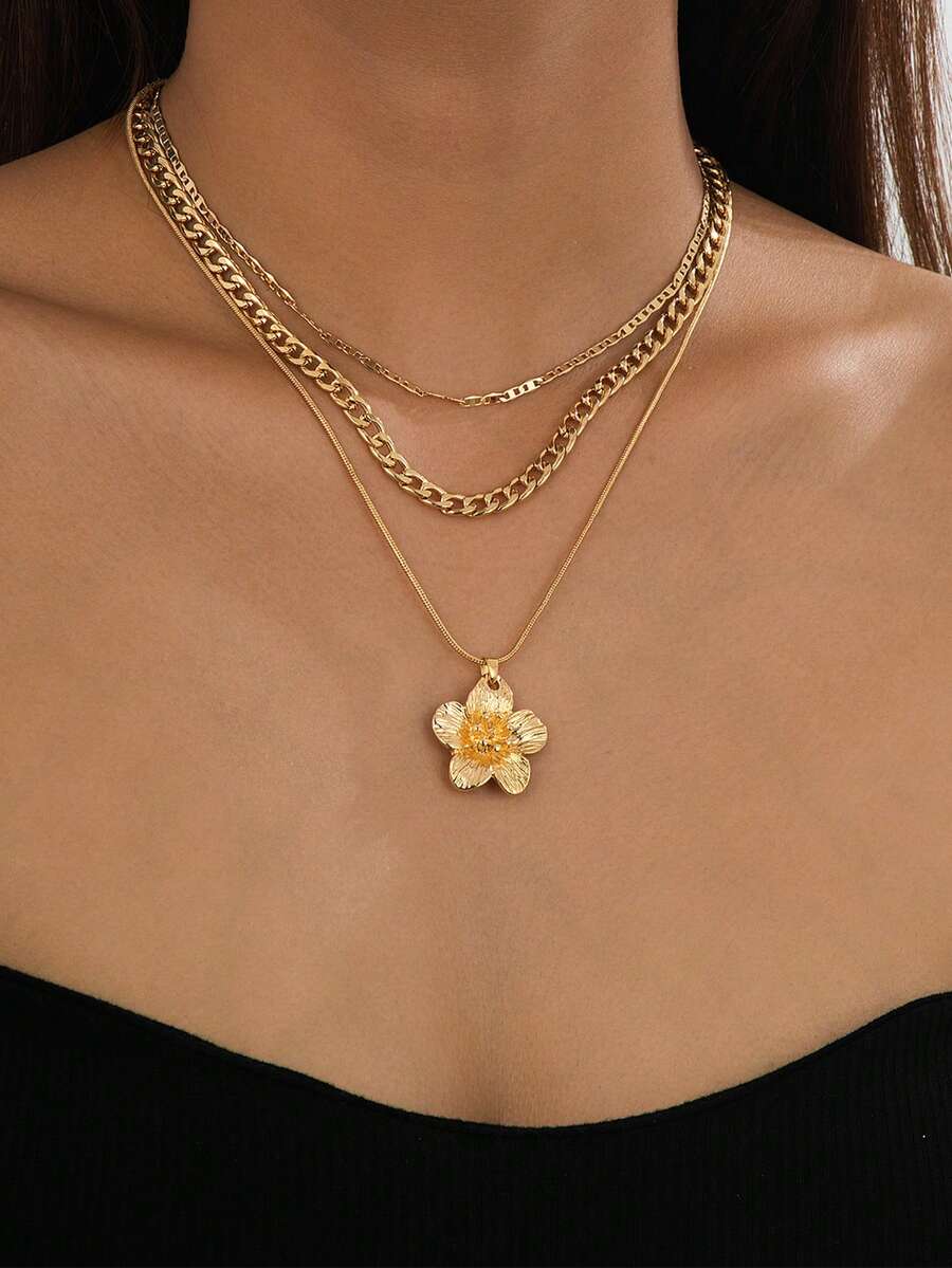1 件优雅金链精致甜美五瓣花吊坠项链女士黄金首饰 - 金黃色 - 查看 1