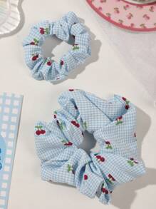 2 件套波西米亚风格针织樱桃蓝格子发圈，甜美柔软高弹力发带，适合春夏季、海滩、马尾辫夹、发圈、洗脸、发饰