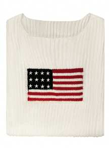 鲜艳的旗帜图案圆领背心 - 柔软的微弹力涤纶针织衫，带开衩的无袖圆领套头衫，非常适合春季、夏季和秋季 - Y2K 风格，随机印花，休闲罗纹设计 - 白色 - 查看 3