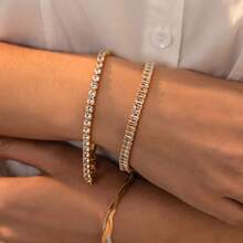 1pc Stainless Steel 18K Gold Micro-Inlaid Square Zirconia Tennis Bracelet, Minimalist Adjustable Jewelry - Bracelet - View 6