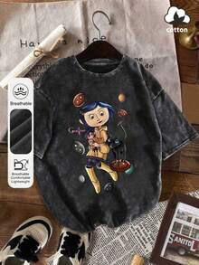 Áo thun nữ cổ tròn tay ngắn in hình mèo hoạt hình dễ thương mùa hè, đơn giản, thoải mái, rộng rãi, chất liệu cotton giặt, dễ thương - màu đen - Xem 6