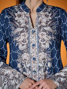 Mgiacy-Classy,New Arrival,Stand-Up Collar,Elegant,Arab Traditional Long Robe,Printed,Long Sleeve,Middle Eastern Robe - Navy Blue - View 1