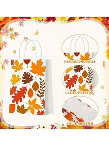 4/8/12 حقيبة هدايا خريفية قابلة لإعادة الاستخدام - حقيبة ورق كرافت مع أنماط أوراق القيقب والقرع، تغليف هدايا موسمي وديكور عيد الحصاد، حقيبة تسوق لمراكز التسوق، حقيبة هدايا حلوى من الورق الكرافت مطبوع عليها أوراق القيقب - متعدد الألوان - مشاهدة 7