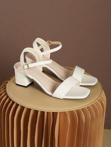 1 Pair Teens' White Strap Simple Versatile Chunky Heel Sandals, Comfortable High Heel Outdoor Wear