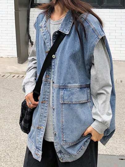 Cazadoras mezclilla para de mujer con botones y bolsillos grandes Chaqueta vaquera de lona sin mangas