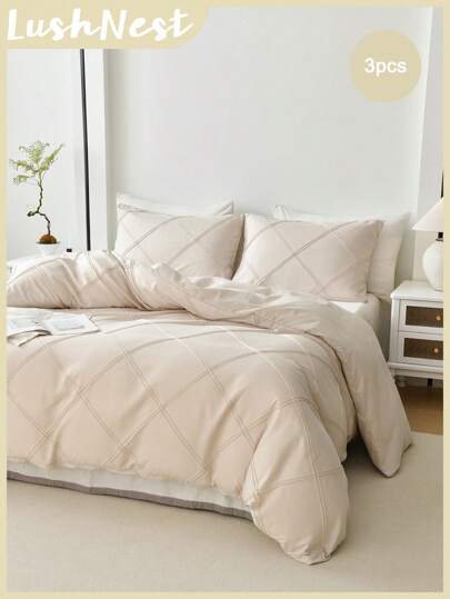 3 st Plädade plisserade beige sängkläder (1 påslakan + 2 örngott, inget fyllnadsmedel), romantiskt för bröllop, klassisk bondgård i amerikansk stil, bekväm andas polyester, lämplig för alla årstider, inredning i sovrummet