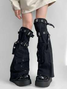 polve 1 Pair Personalized Black Multi-Pocket Reinforced Leg Warmers, Drawstring Y2K Heavy-Duty Design Sexy Bell-Bottom Leg Warmers - Black (suitable for Calf Circumference Up to 38cm) - View 1