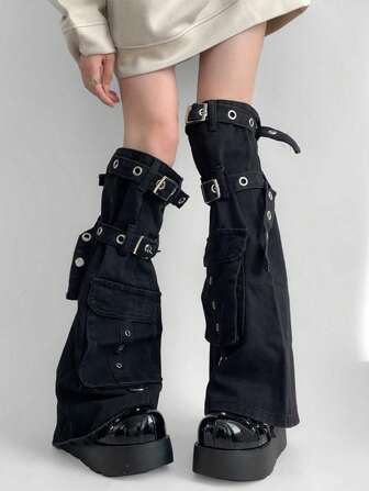 polve 1 par de calentadores de piernas de diseño resistente con cordón, pernera ajustada, estilo Y2K con múltiples bolsillos y volantes de tendencia, color negro