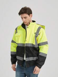 高能见度反光安全夹克 - 防水、拉链、多口袋和黑色底部、反光夹克、拉链夹克 300D 牛津布 PU 涂层防水防风、360° 反光安全背心、多口袋设计、适用于建筑、道路作业和户外作业、耐用工作服、加固接缝高能见度防护服，专为建筑工人设计 - 螢光黃 - 查看 5
