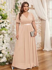 Vestido con mangas de mariposa, cuello en V, encaje floral, parche de gasa, cinturón de strass, talla grande, adecuado para invitados de boda, verano, cumpleaños, graduación, regreso a la escuela y otras ocasiones elegantes - Champán - Ver 6