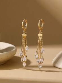 2pcs Fashionable & Elegant Long Colored Cubic Zirconia Earrings, Birthday Gift Jewelry - Leaf - View 8