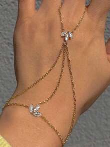 1 pieza Brazalete de mujer con hoja de diamante de estilo bohemio y cristal, brazalete de cadena fina simple para el dedo, accesorio de joyería como regalo
