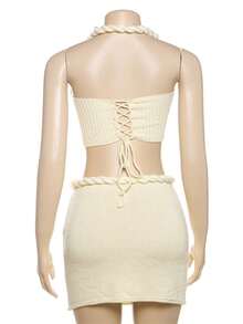 Women Y2K 2Pcs Crochet Knit Skirt Set Hollow Out Cami Top High Waist Mini Skirts 3D Flower Cover Up Beachwear - 白色 - 查看 8