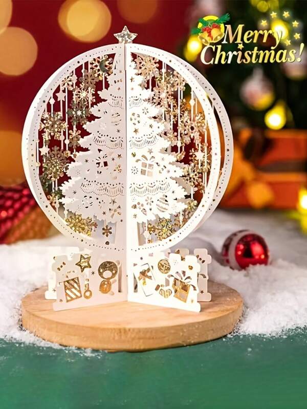 1set Handcrafted 3D Golden Snowflake Christmas Card - Vintage Floral Pop-Up Greeting For Holidays, Valentine's Day, Birthdays With Crystal Ball Design
