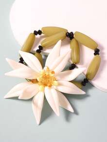 Set de 3 piezas con collar, pulsera y aretes de flor grande de resina exagerada de doble capa con eslabones de bambú, de moda para mujeres, para fiestas, vacaciones y uso casual