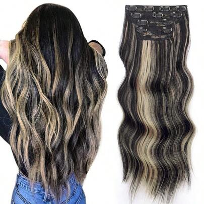 AVigorous Clip In Hair Extensions 20 Inch Black Mix Blonde Long Hair Extensions Clip Ins 4PCS Soft Synthetic Hairpieces For Women4331