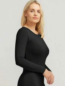 Speed mate 女士黑色圆领长袖休闲T恤，适合秋季穿着 - 黑色 - 查看 4