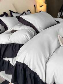 1 Duvet Cover + 2 Pillowcases 3 Pieces Set, Soft & Skin-Friendly Ruffled Edges, Suitable For Bedroom & Guest Room, Machine Washable, All Season - Light Grey - View 5