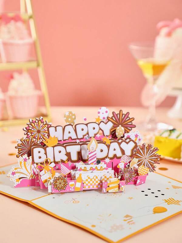 1pc Pink Gift Cake Birthday Cards, 3D Birthday Cake Card, Birthday Cake Pop Up Card, Pink Gift Cake Greeting Cards For Men Women Kids