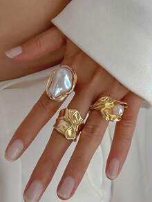 8 件/3 件复古优雅时尚夸张波西米亚风格仿珍珠金属纽扣几何线条环绕戒指套装，个性化奢华高端指节戒指适合男女，度假，派对，婚礼，日常佩戴，多功能珠宝 - 金黃色 - 查看 3