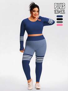 TCVC Plus Size Women's Seamless Fashion Striped Contrast Color Sports Set, Long Sleeve + Long Pants Set, High Elasticity High Waist Slimming Peach Hip, Skin-Friendly Breathable Sweat-Wicking, Yoga Fitness Travel Versatile Fashion Set