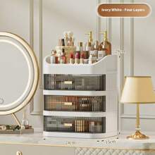 1-Set 3-Layer Crown Design Foldable Drawers Makeup Organizer Box, Cream White Color, Suitable For Cosmetics, Lipsticks, Skincare Products, Desk Top Storage, Thickened & Enlarged Easy To Carry